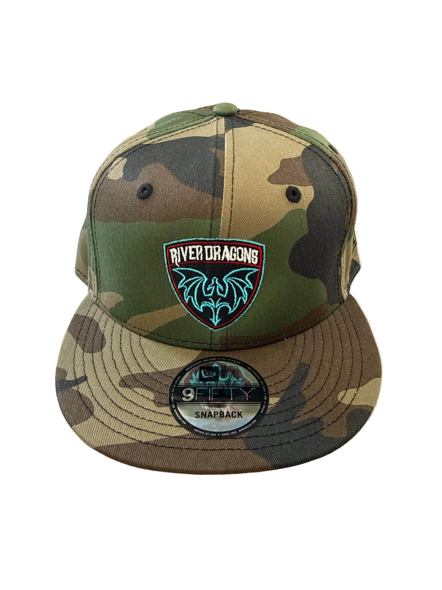 Camo River Dragons Shield New Era Flat Bill Snapback